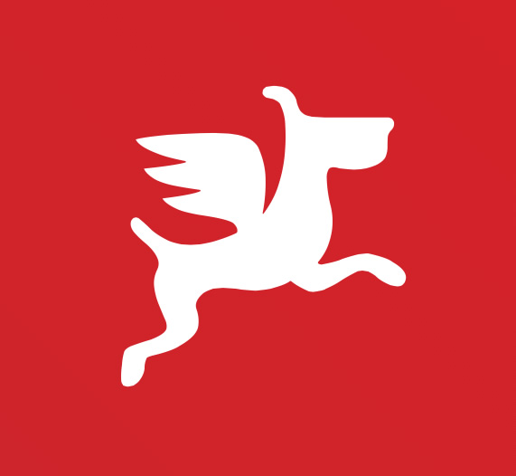 Logo du site Dogfidelity. Chien blanc sur fond rouge.