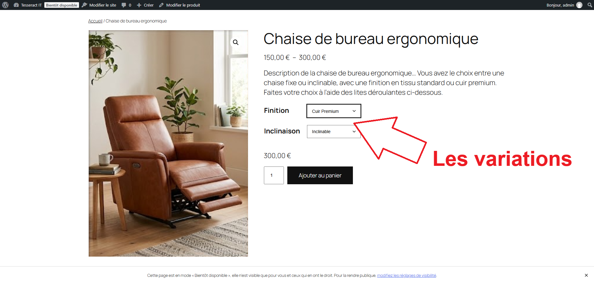 Fiche produit d'un fauteuil avec deux listes déroulantes (variations) permettant de choisir la finition et l'inclinaison.