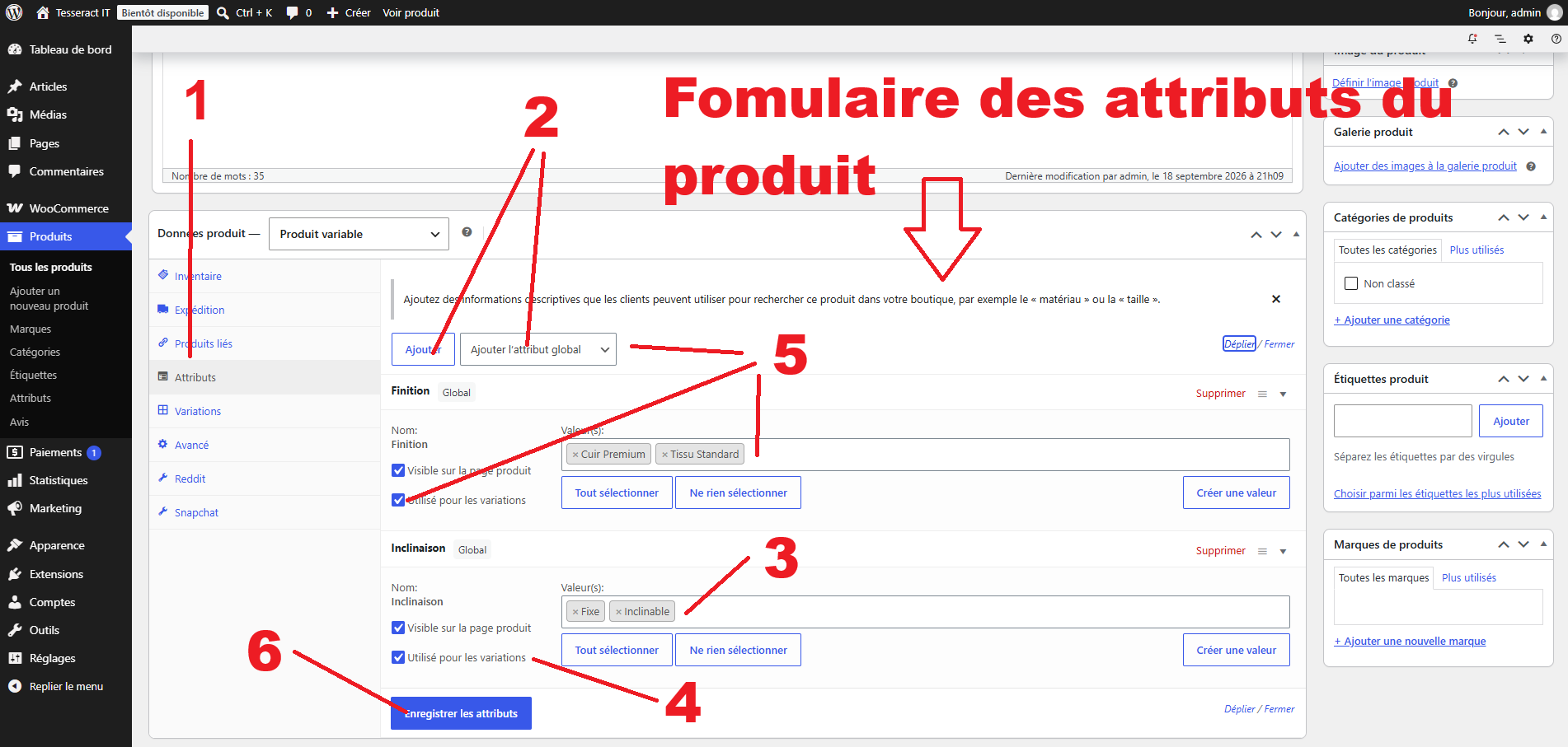 Configuration des attributs et des termes dans l'onglet Attributs du produit Prestashop WooCommerce.