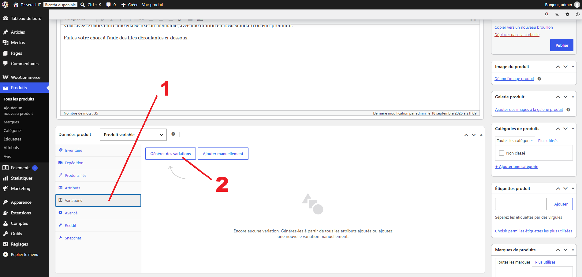Balise alt : Génération des variations et suppression de l’une d’entre elles dans l'onglet Variations de l'espace admin de Wordpress WooCommerce.