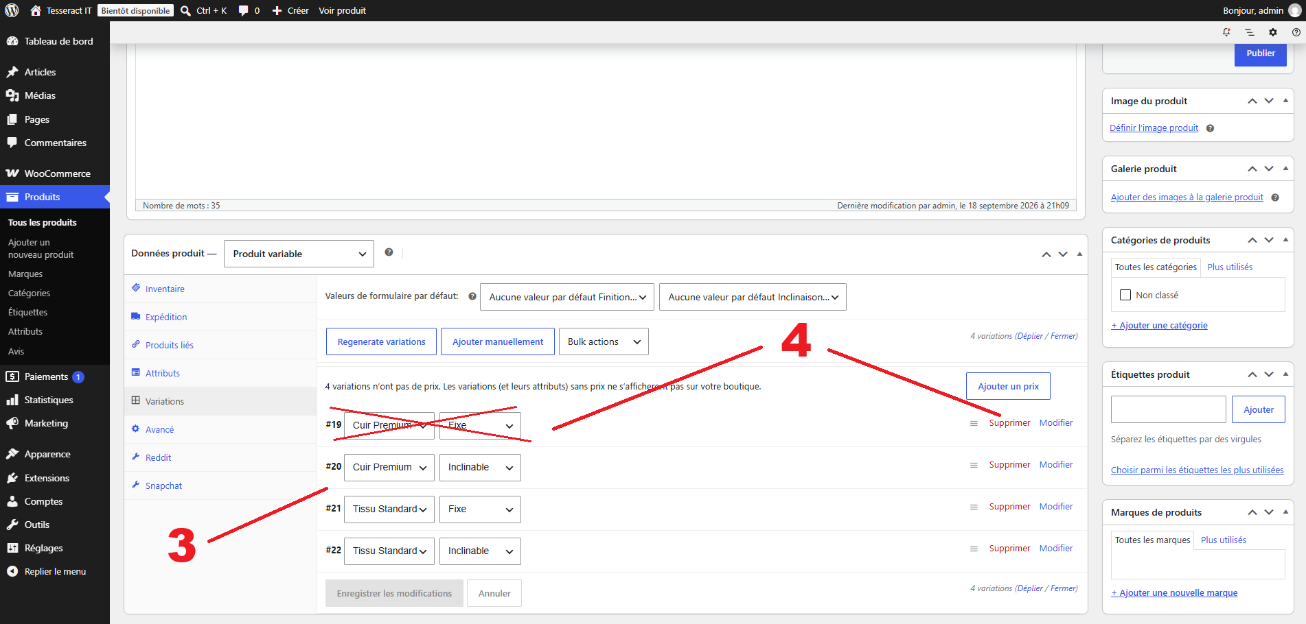 Balise alt : Génération des variations et suppression de l’une d’entre elles dans l'onglet Variations de l'espace admin de Wordpress WooCommerce.