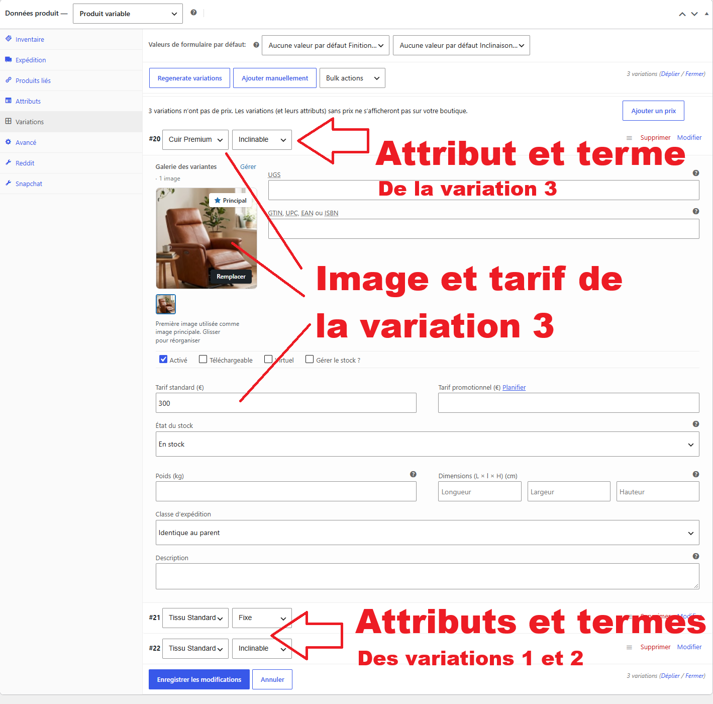 Configuration des tarifs et images des variations dans l'onglet Variations de l'espace admin de Wordpress WooCommerce.
