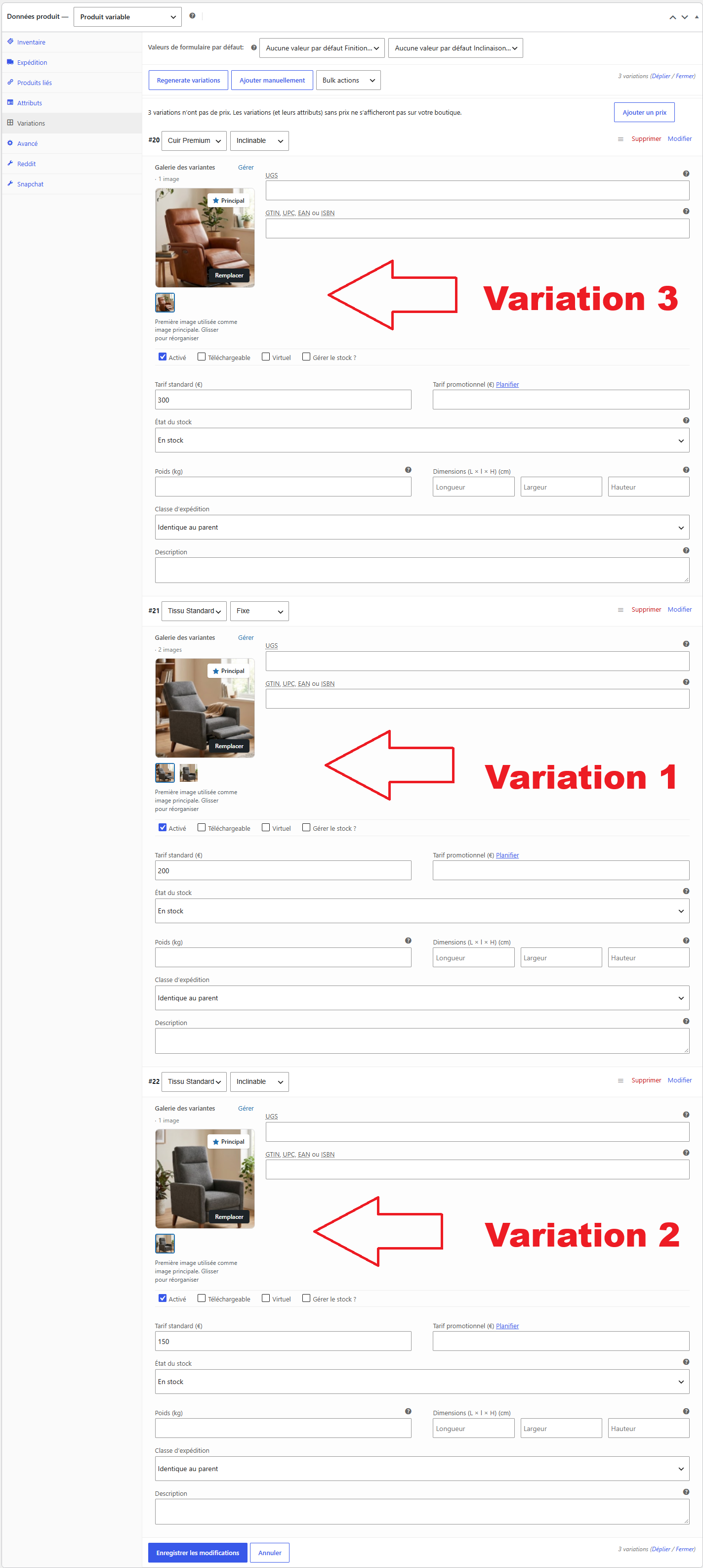 Configuration des tarifs et images des variations dans l'onglet Variations de l'espace admin de Wordpress WooCommerce.