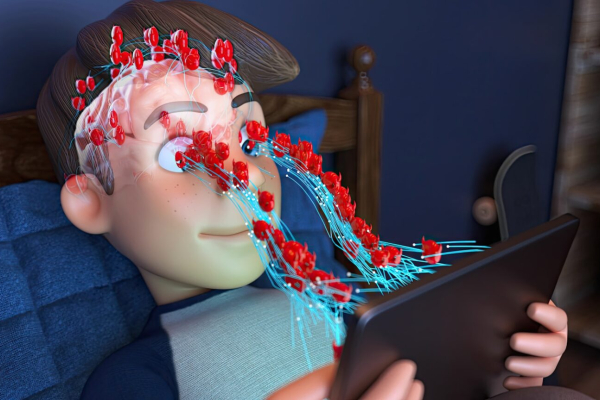 Garçon allongé sur un lit en train de lire une tablette