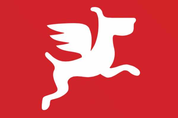 Logo du site Dogfidelity. Chien blanc sur fond rouge.