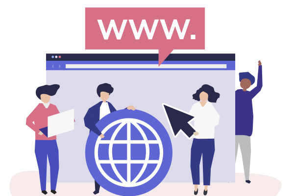 Personnes devant un &eacute;cran sur lequel il est &eacute;crit www et autour du logo Internet 