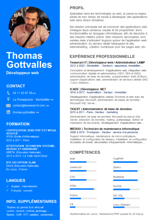 CV (Curriculum Vitae) de développeur web freelance à Montpellier de Thomas Gottvalles